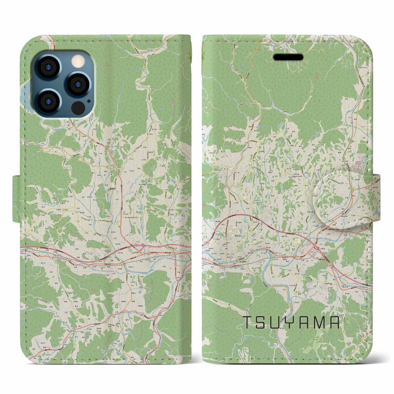 【津山(岡山県)】地図柄iPhoneケース(手帳タイプ)ナチュラル・iPhone 12 / 12 Pro 用