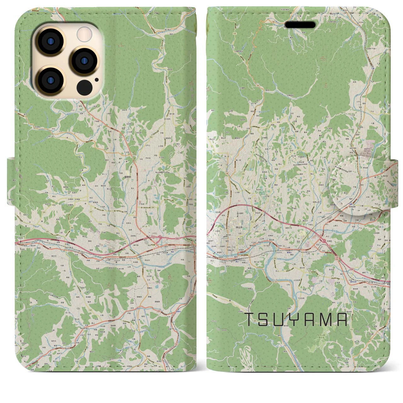 【津山(岡山県)】地図柄iPhoneケース(手帳タイプ)ナチュラル・iPhone 12 Pro Max 用