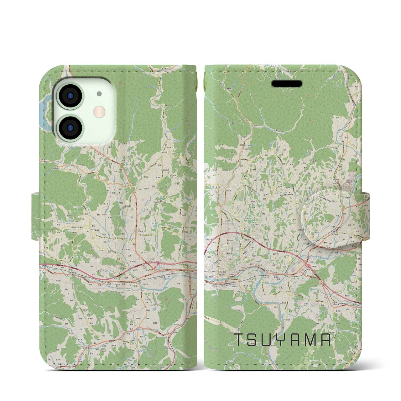 【津山(岡山県)】地図柄iPhoneケース(手帳タイプ)ナチュラル・iPhone 12 mini 用