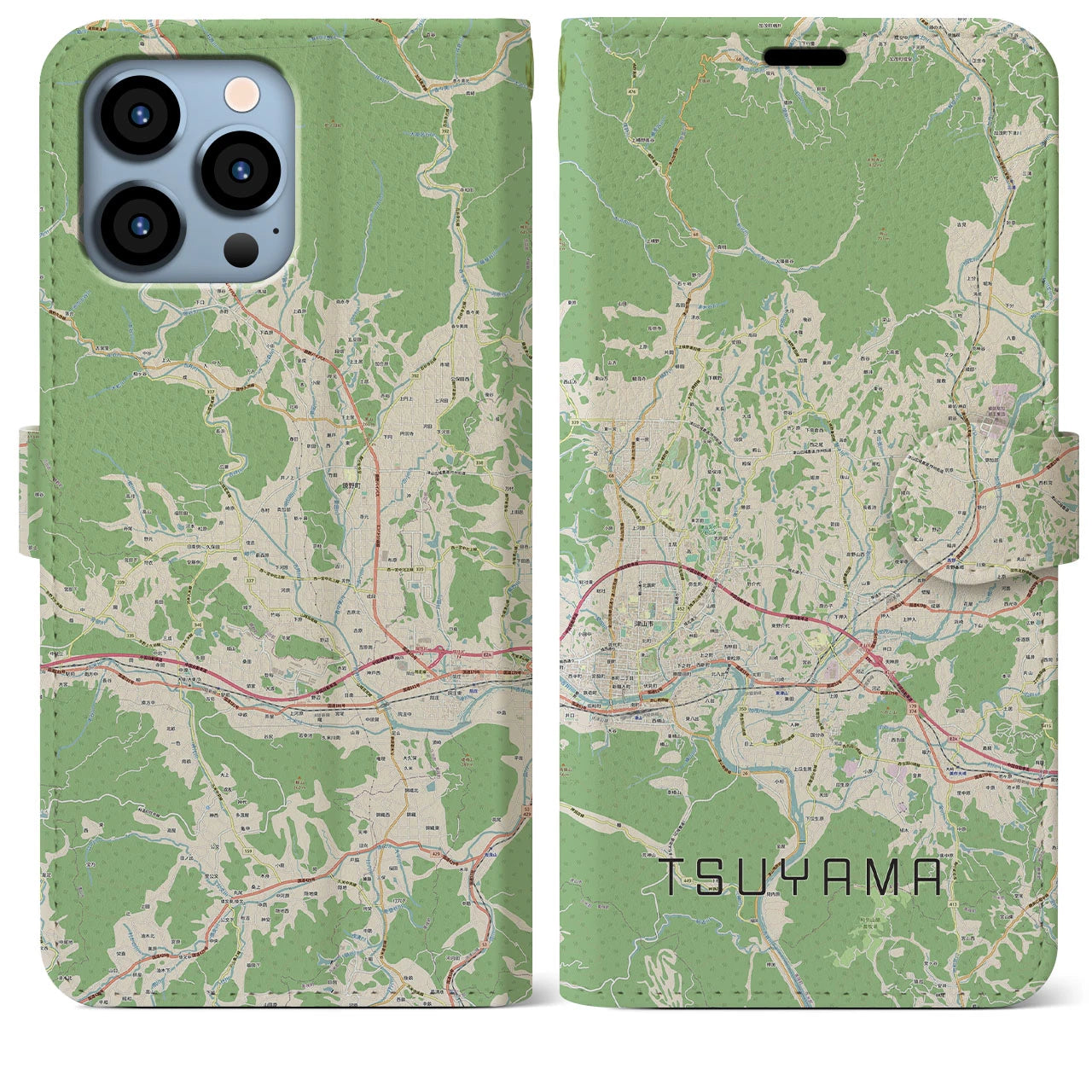 【津山(岡山県)】地図柄iPhoneケース(手帳タイプ)ナチュラル・iPhone 13 Pro Max 用