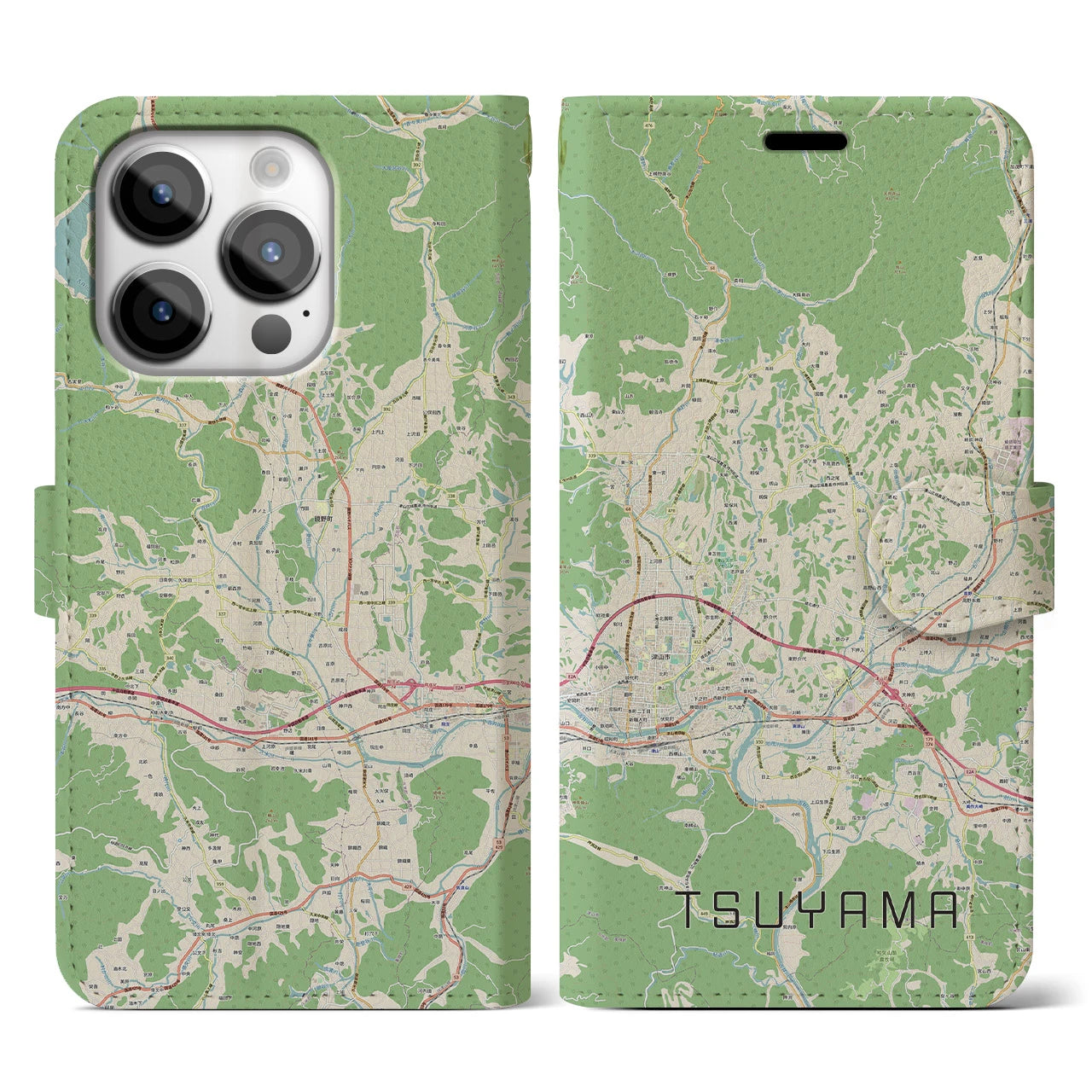 【津山(岡山県)】地図柄iPhoneケース(手帳タイプ)ナチュラル・iPhone 14 Pro 用