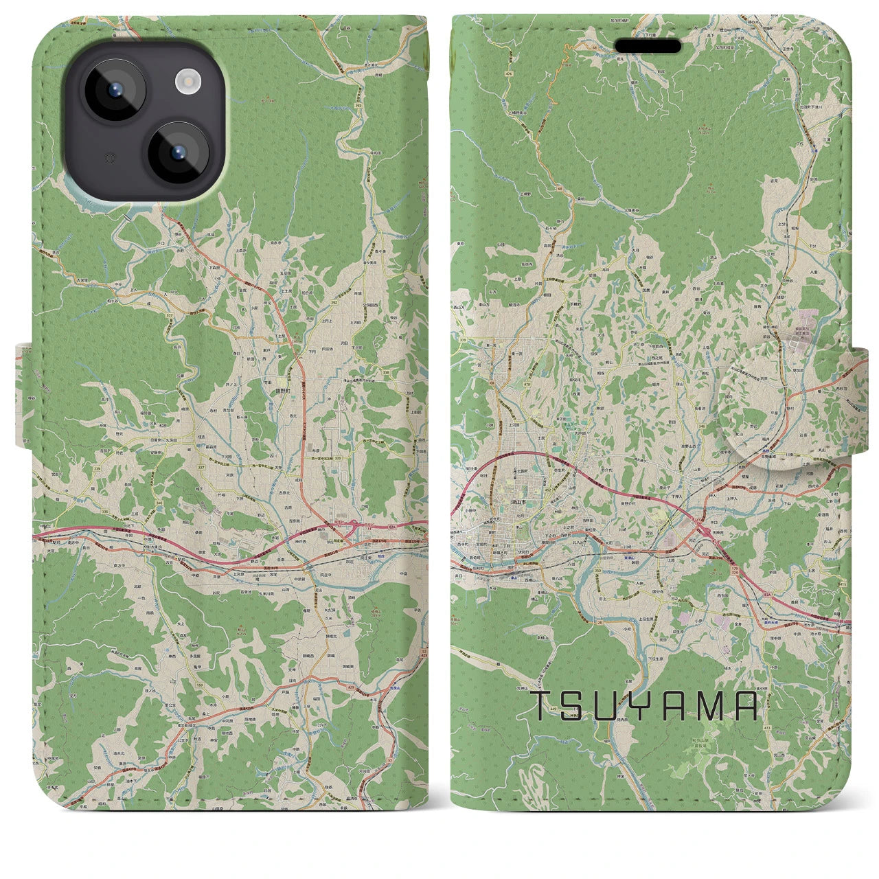 【津山(岡山県)】地図柄iPhoneケース(手帳タイプ)ナチュラル・iPhone 14 Plus 用