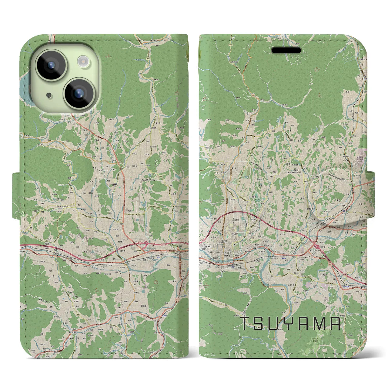【津山(岡山県)】地図柄iPhoneケース(手帳タイプ)ナチュラル・iPhone 15 用