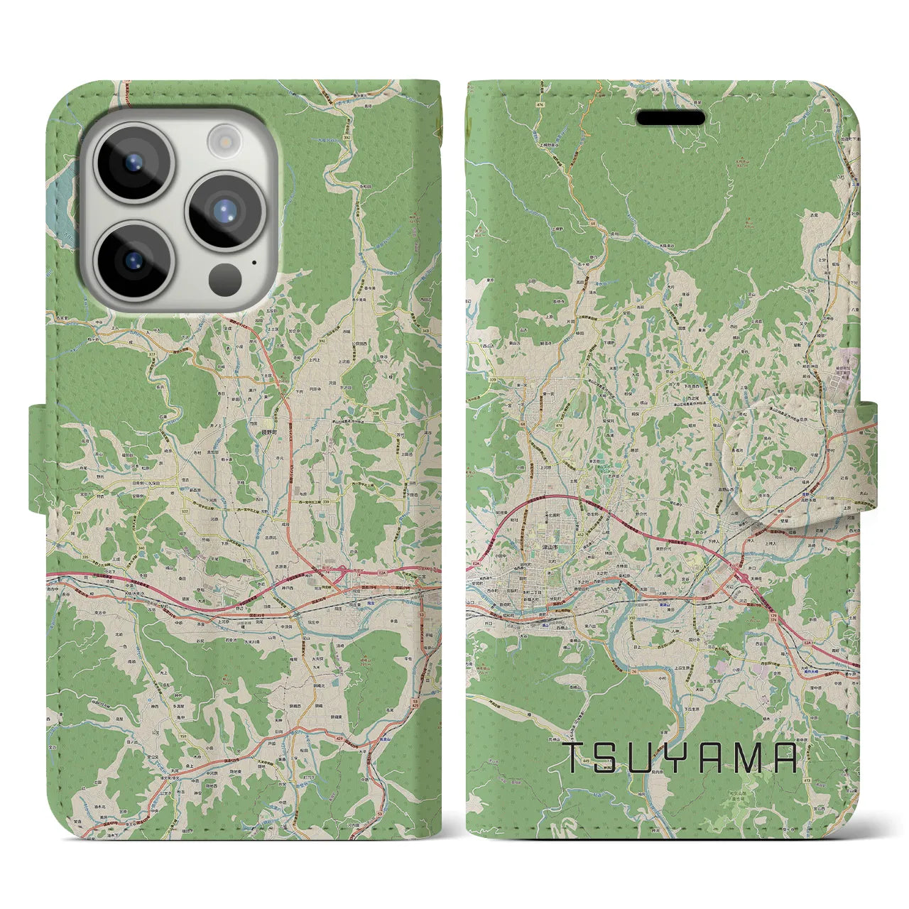 【津山(岡山県)】地図柄iPhoneケース(手帳タイプ)ナチュラル・iPhone 15 Pro 用