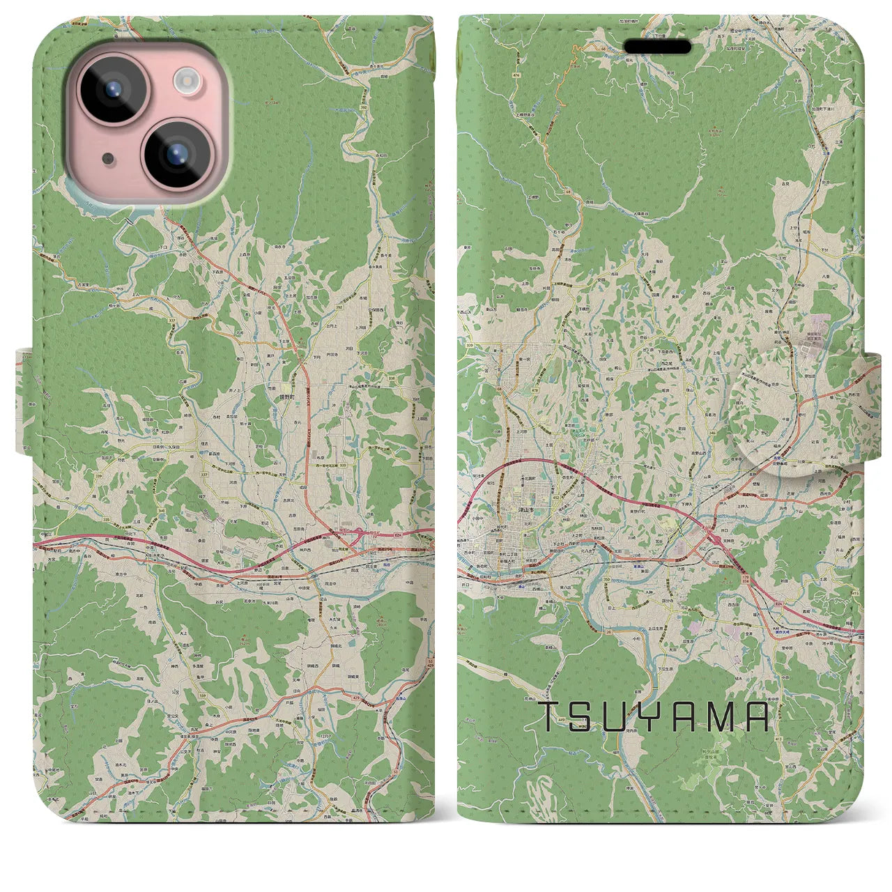 【津山(岡山県)】地図柄iPhoneケース(手帳タイプ)ナチュラル・iPhone 15 Plus 用