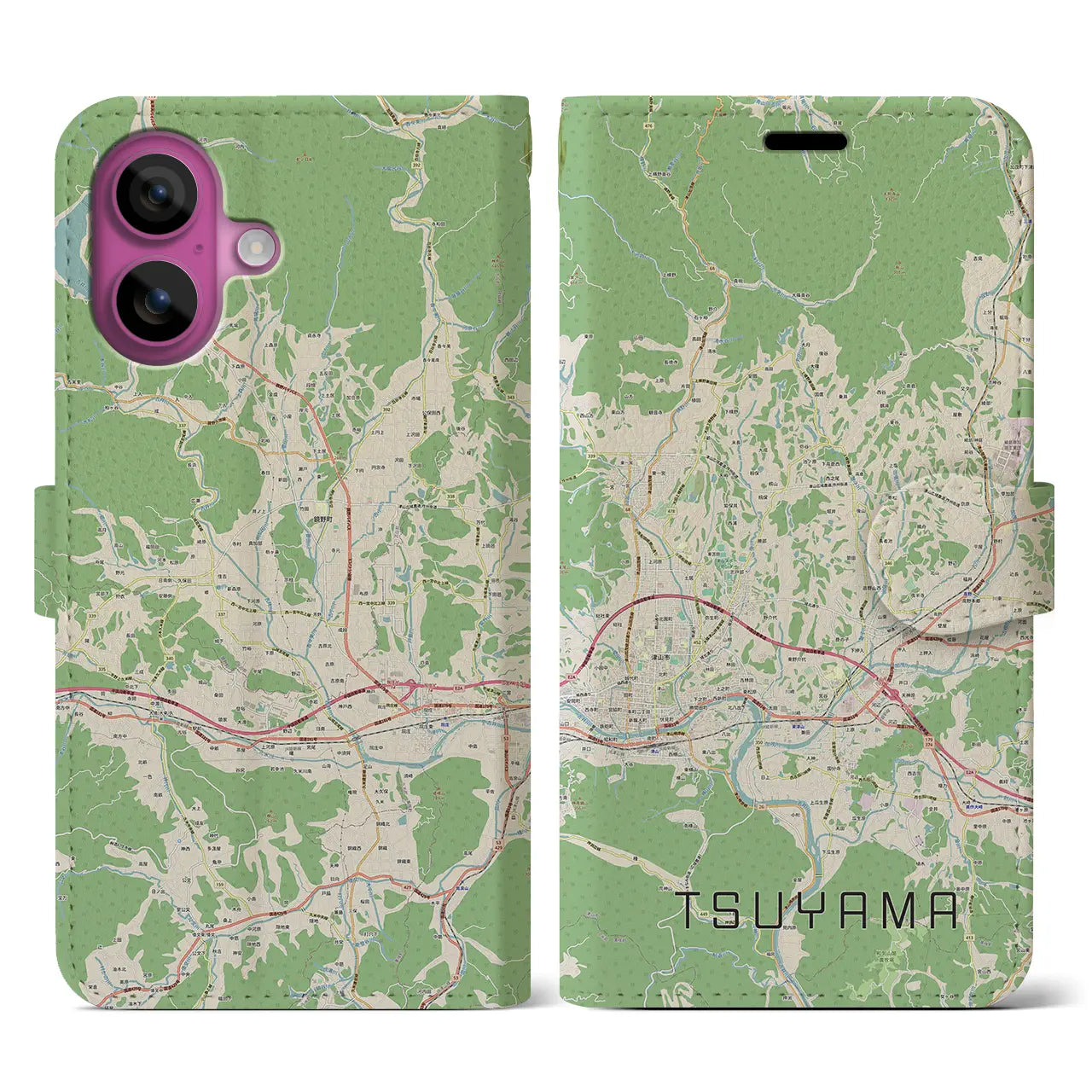【津山(岡山県)】地図柄iPhoneケース(手帳タイプ)ナチュラル・iPhone 16 Pro 用
