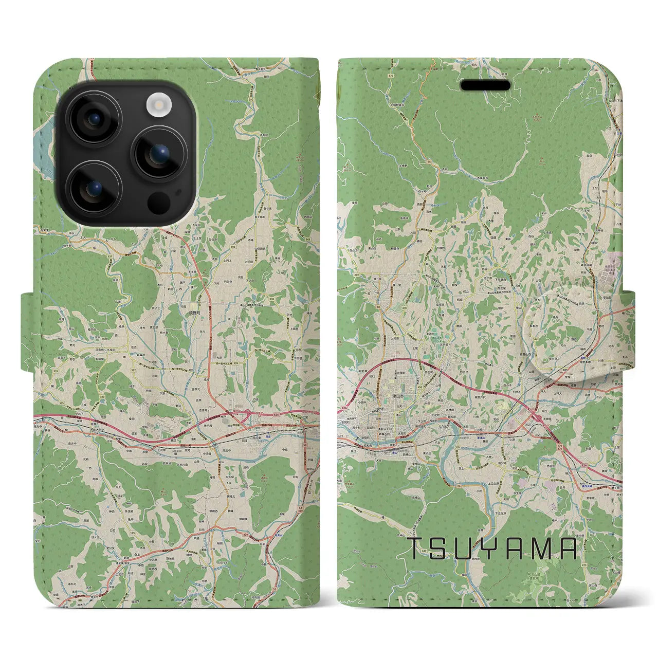 【津山(岡山県)】地図柄iPhoneケース(手帳タイプ)ナチュラル・iPhone 16 用