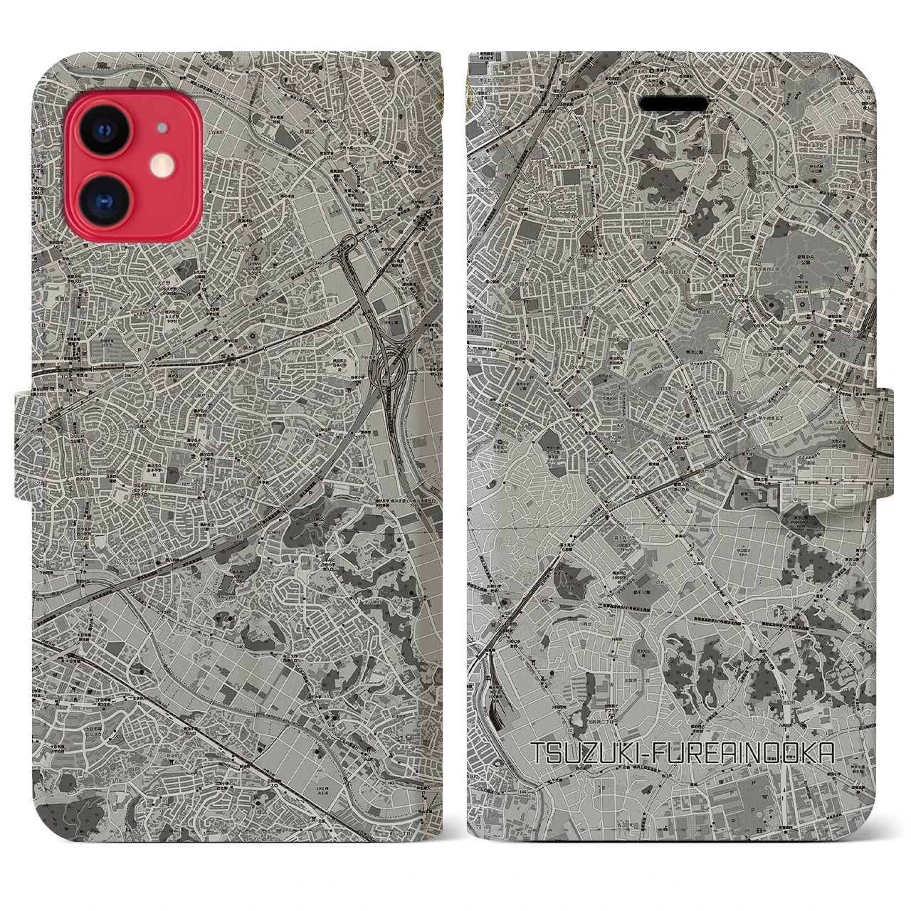 【都筑ふれあいの丘(神奈川県)】地図柄iPhoneケース(手帳タイプ)モノトーン・iPhone 11 用