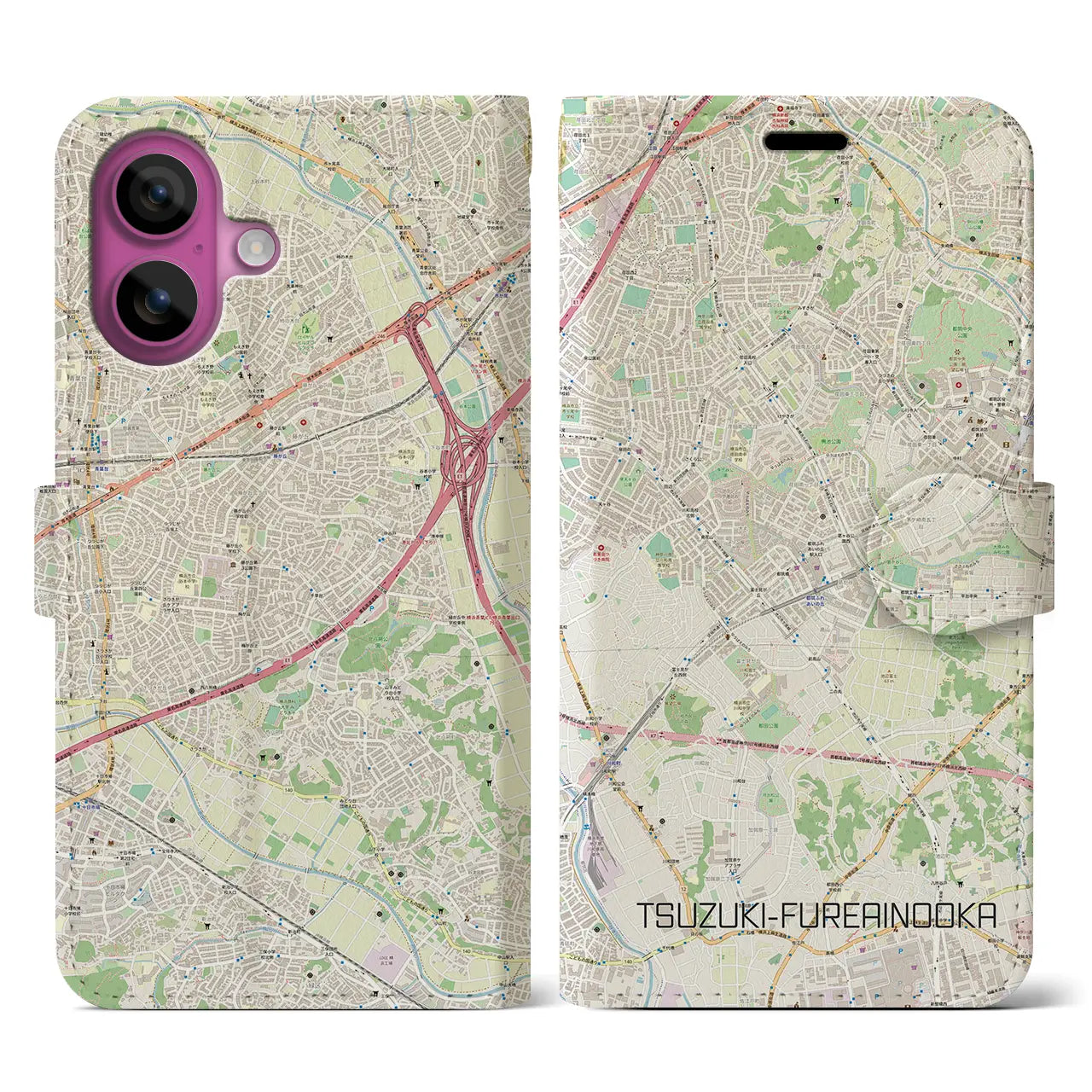 【都筑ふれあいの丘(神奈川県)】地図柄iPhoneケース(手帳タイプ)ナチュラル・iPhone 16 Pro 用