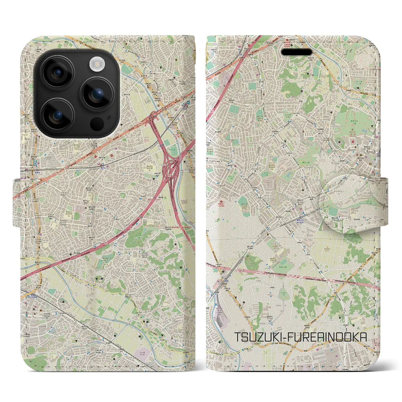【都筑ふれあいの丘(神奈川県)】地図柄iPhoneケース(手帳タイプ)ナチュラル・iPhone 16 用