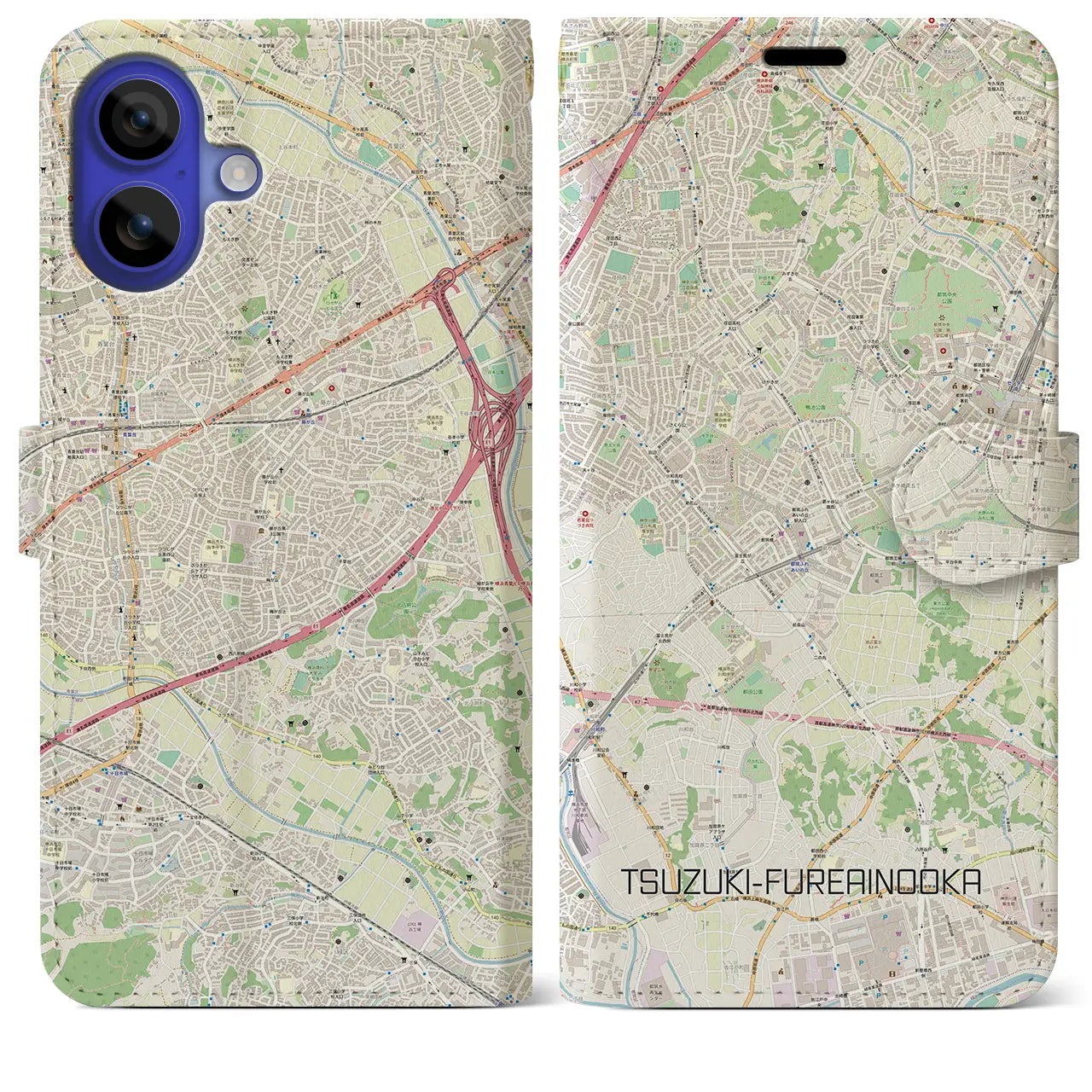 【都筑ふれあいの丘(神奈川県)】地図柄iPhoneケース(手帳タイプ)ナチュラル・iPhone 16 Pro Max 用