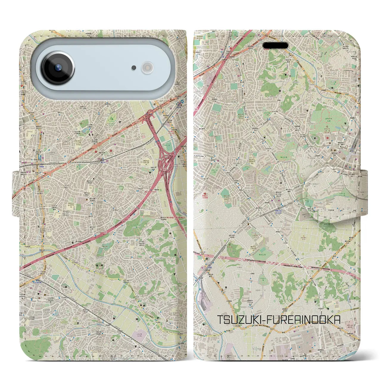 【都筑ふれあいの丘(神奈川県)】地図柄iPhoneケース(手帳タイプ)モノトーン・iPhone 17 Pro Max 用