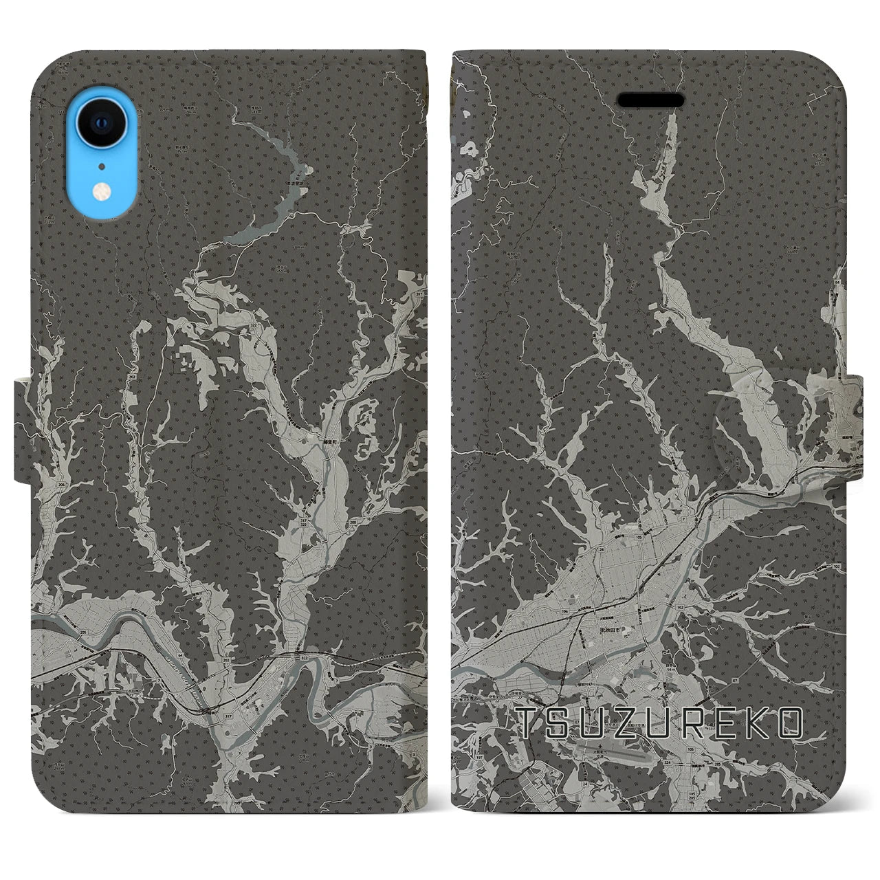 【綴子(秋田県)】地図柄iPhoneケース(手帳タイプ)モノトーン・iPhone XR 用