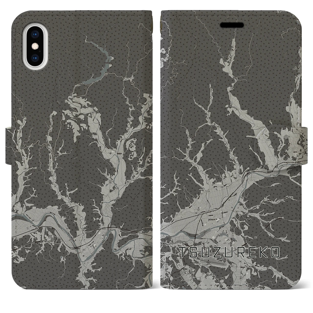 【綴子(秋田県)】地図柄iPhoneケース(手帳タイプ)モノトーン・iPhone XS Max 用