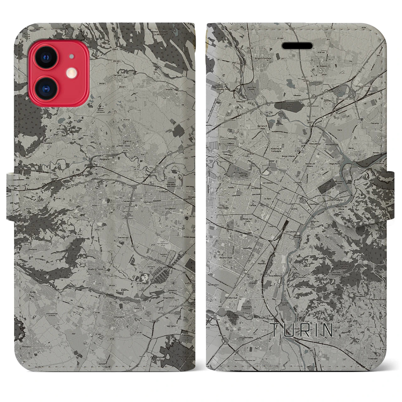 【トリノ(イタリア)】地図柄iPhoneケース(手帳タイプ)モノトーン・iPhone 11 用