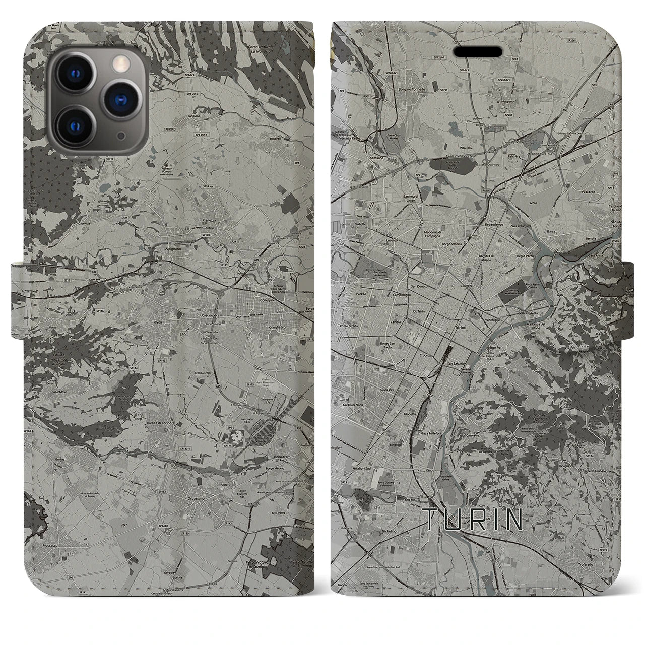 【トリノ(イタリア)】地図柄iPhoneケース(手帳タイプ)モノトーン・iPhone 11 Pro Max 用