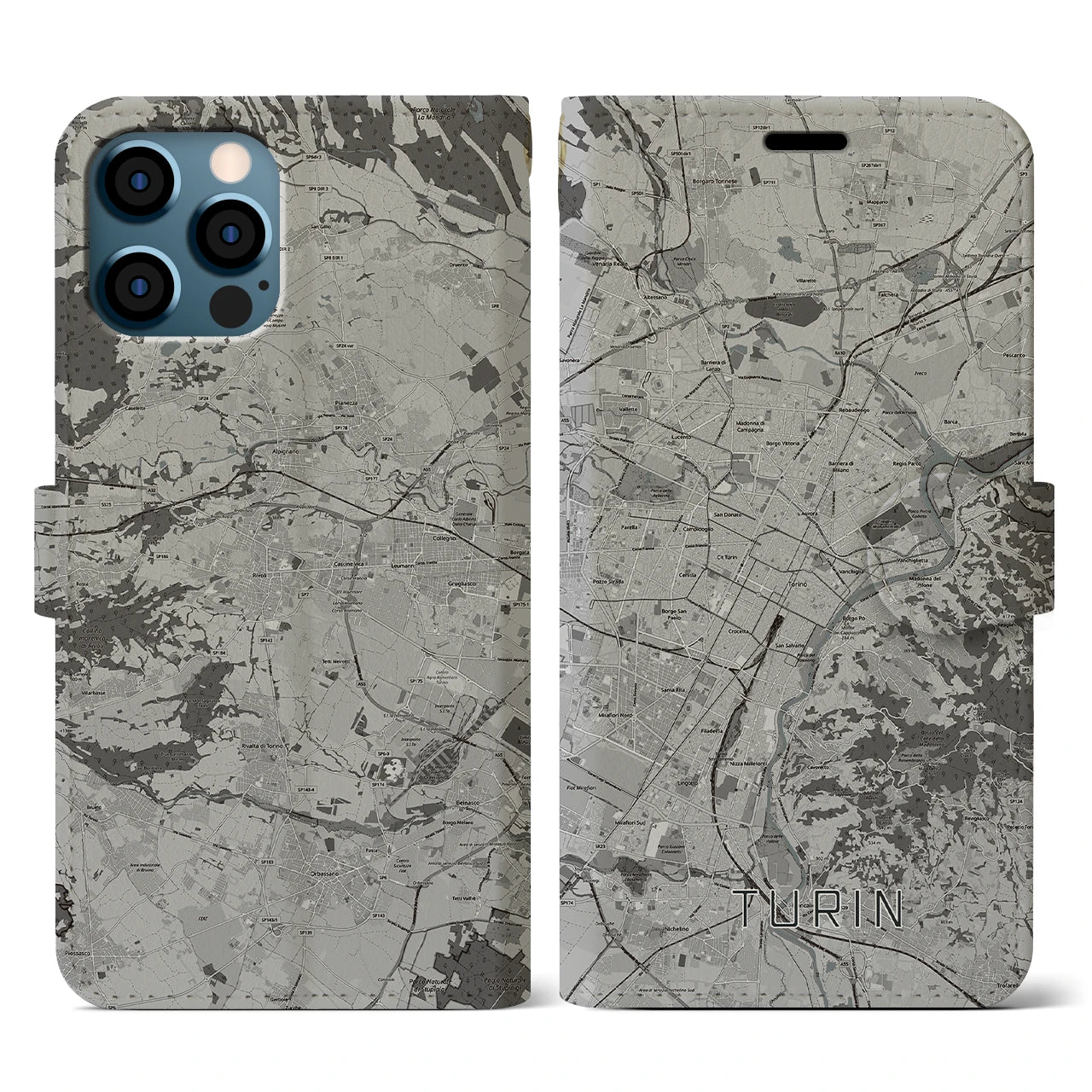 【トリノ(イタリア)】地図柄iPhoneケース(手帳タイプ)モノトーン・iPhone 12 / 12 Pro 用