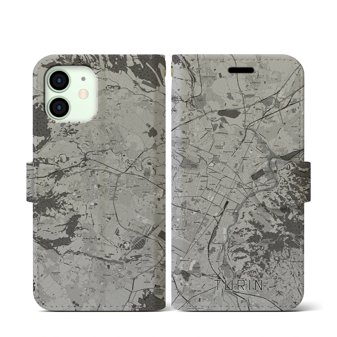 【トリノ(イタリア)】地図柄iPhoneケース(手帳タイプ)モノトーン・iPhone 12 mini 用