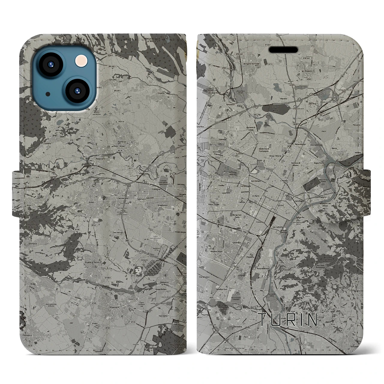 【トリノ(イタリア)】地図柄iPhoneケース(手帳タイプ)モノトーン・iPhone 13 用