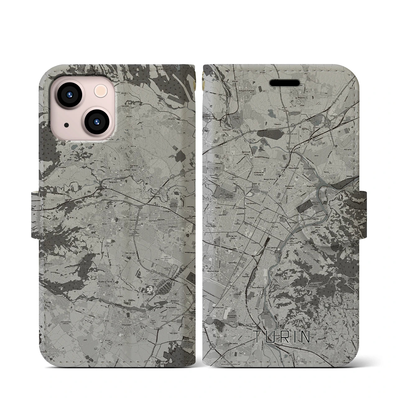【トリノ(イタリア)】地図柄iPhoneケース(手帳タイプ)モノトーン・iPhone 13 mini 用