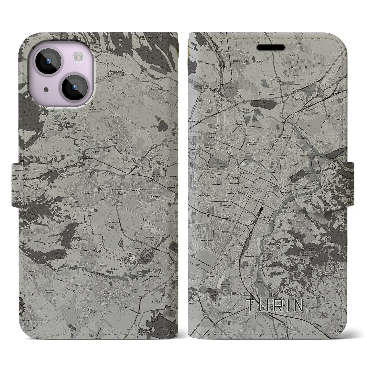 【トリノ(イタリア)】地図柄iPhoneケース(手帳タイプ)モノトーン・iPhone 14 用