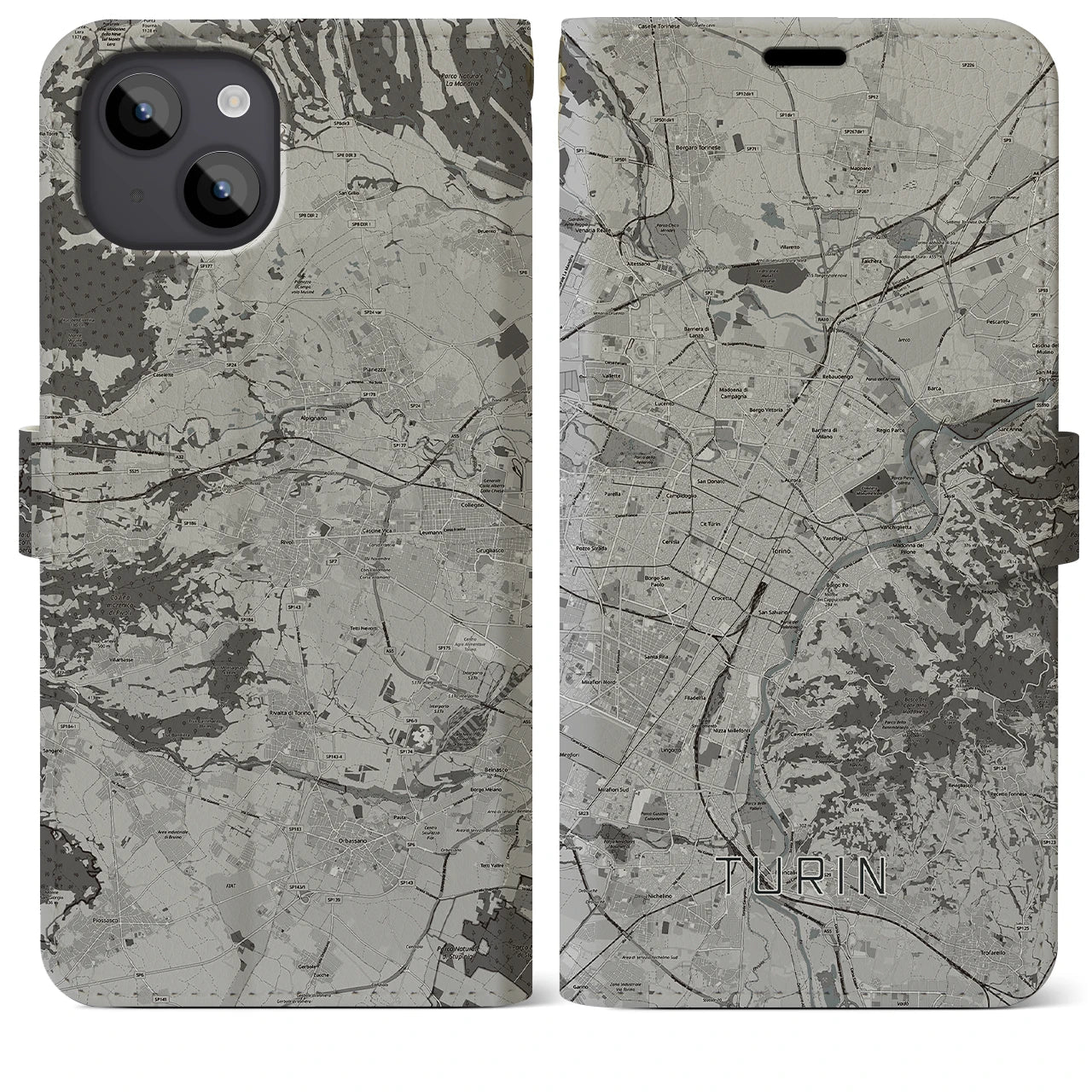 【トリノ(イタリア)】地図柄iPhoneケース(手帳タイプ)モノトーン・iPhone 14 Plus 用