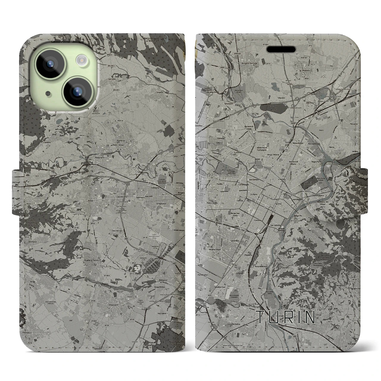 【トリノ(イタリア)】地図柄iPhoneケース(手帳タイプ)モノトーン・iPhone 15 用
