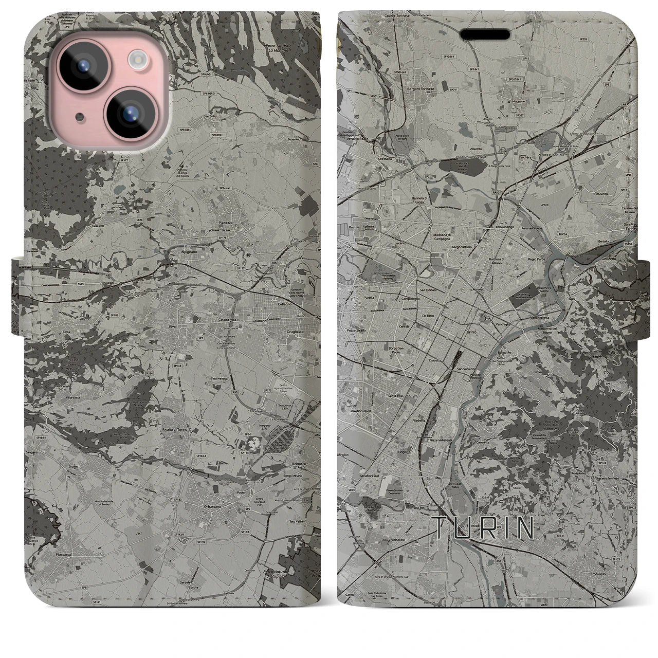 【トリノ(イタリア)】地図柄iPhoneケース(手帳タイプ)モノトーン・iPhone 15 Plus 用