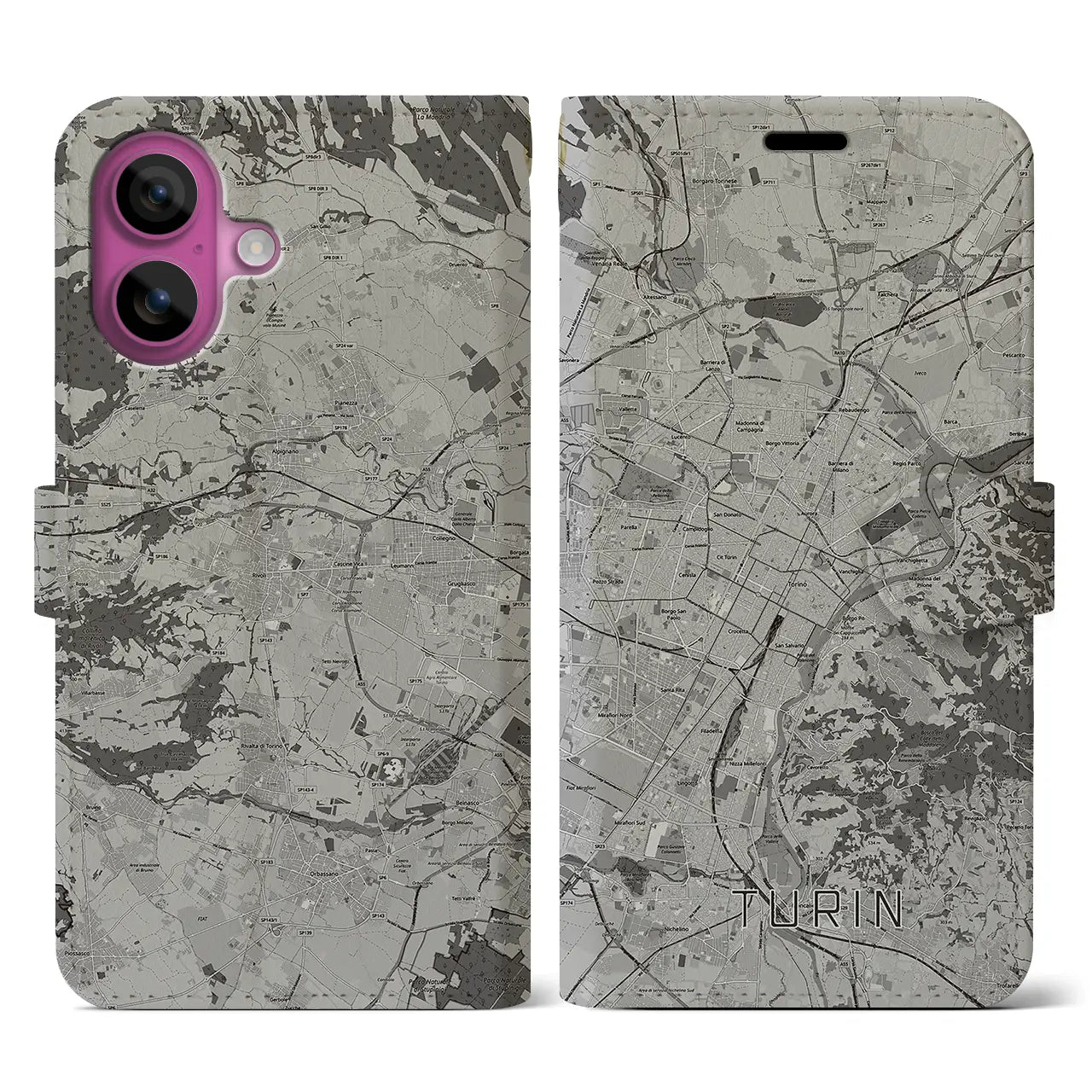 【トリノ(イタリア)】地図柄iPhoneケース(手帳タイプ)モノトーン・iPhone 16 Pro 用