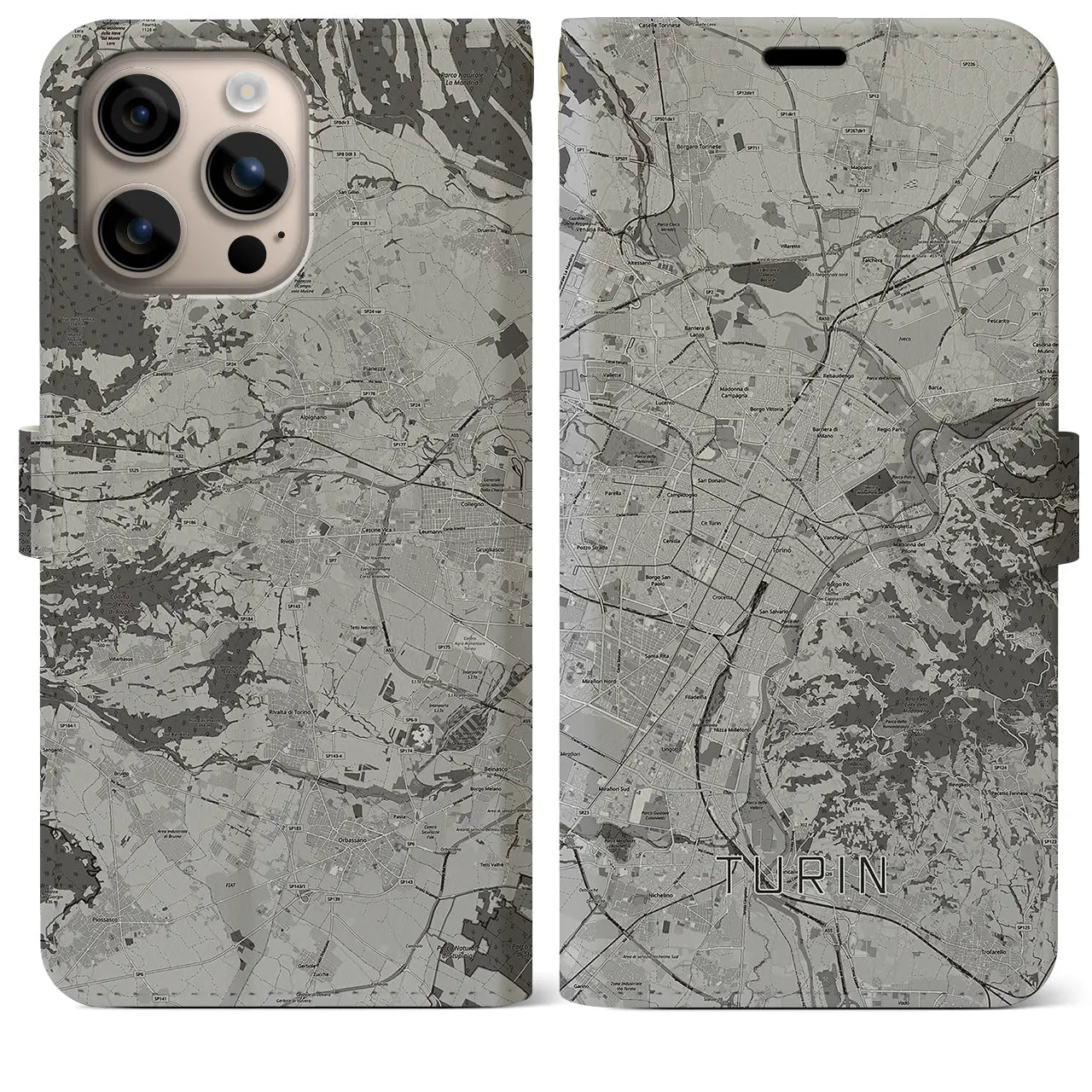 【トリノ(イタリア)】地図柄iPhoneケース(手帳タイプ)モノトーン・iPhone 16 Plus 用