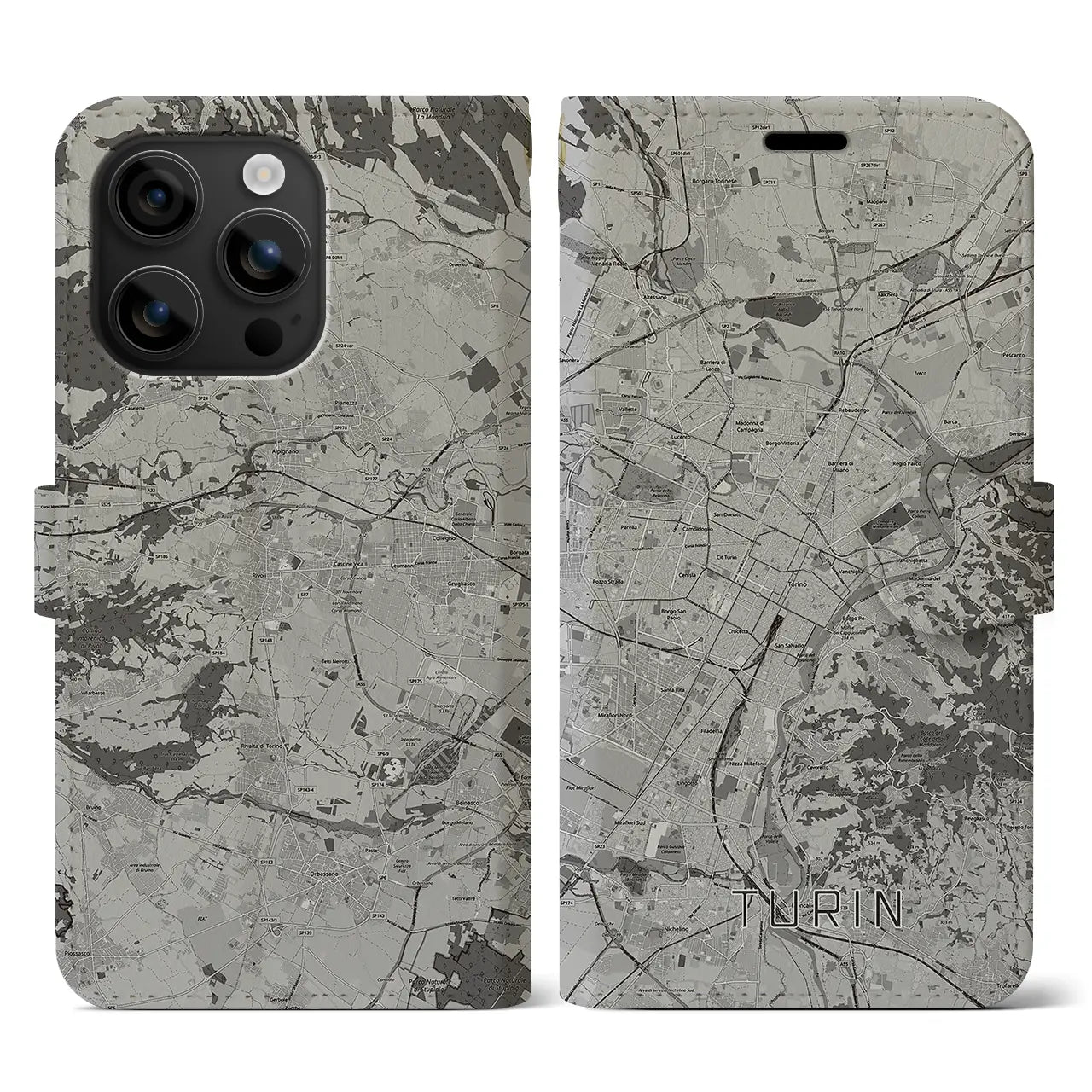 【トリノ(イタリア)】地図柄iPhoneケース(手帳タイプ)モノトーン・iPhone 16 用