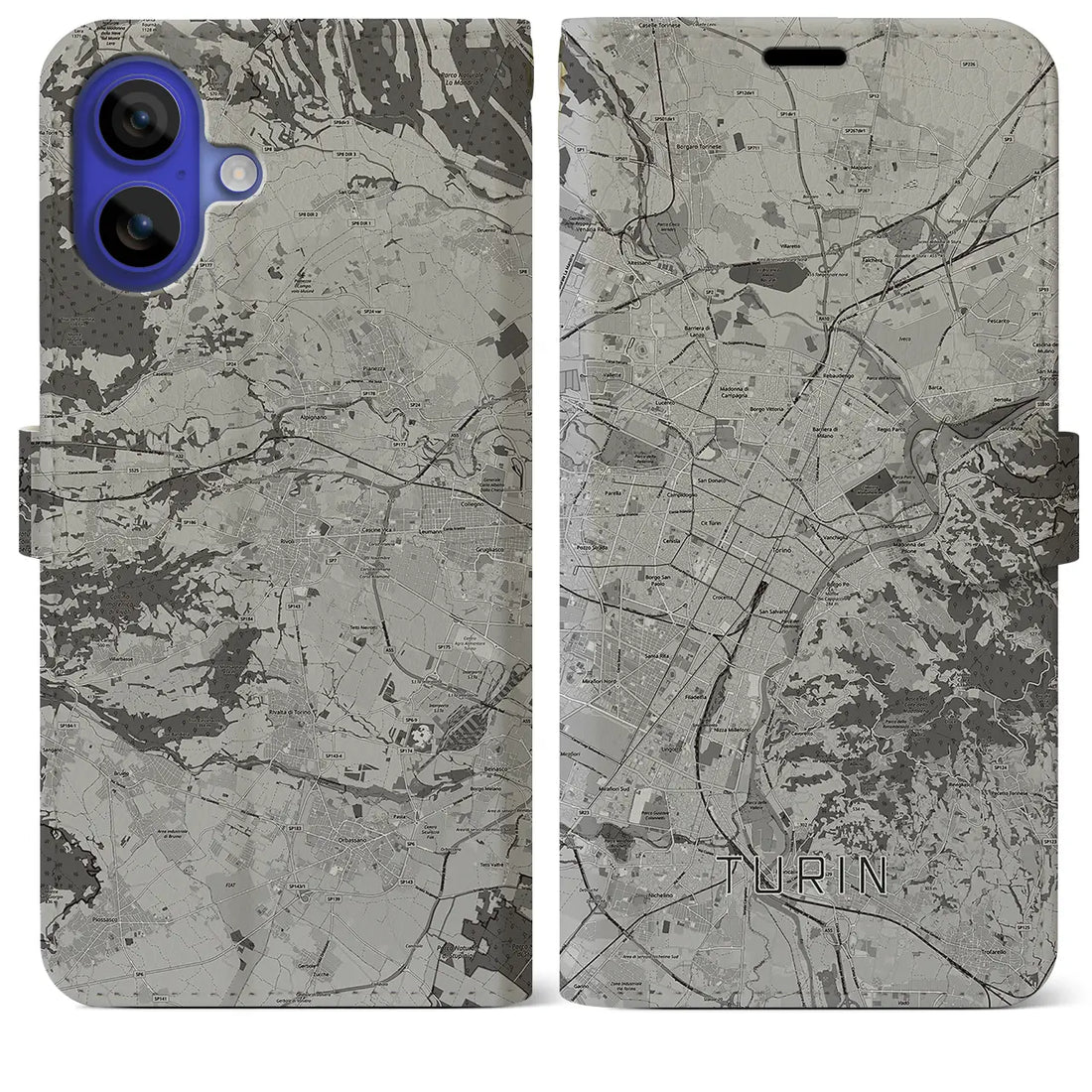 【トリノ(イタリア)】地図柄iPhoneケース(手帳タイプ)モノトーン・iPhone 16 Pro Max 用