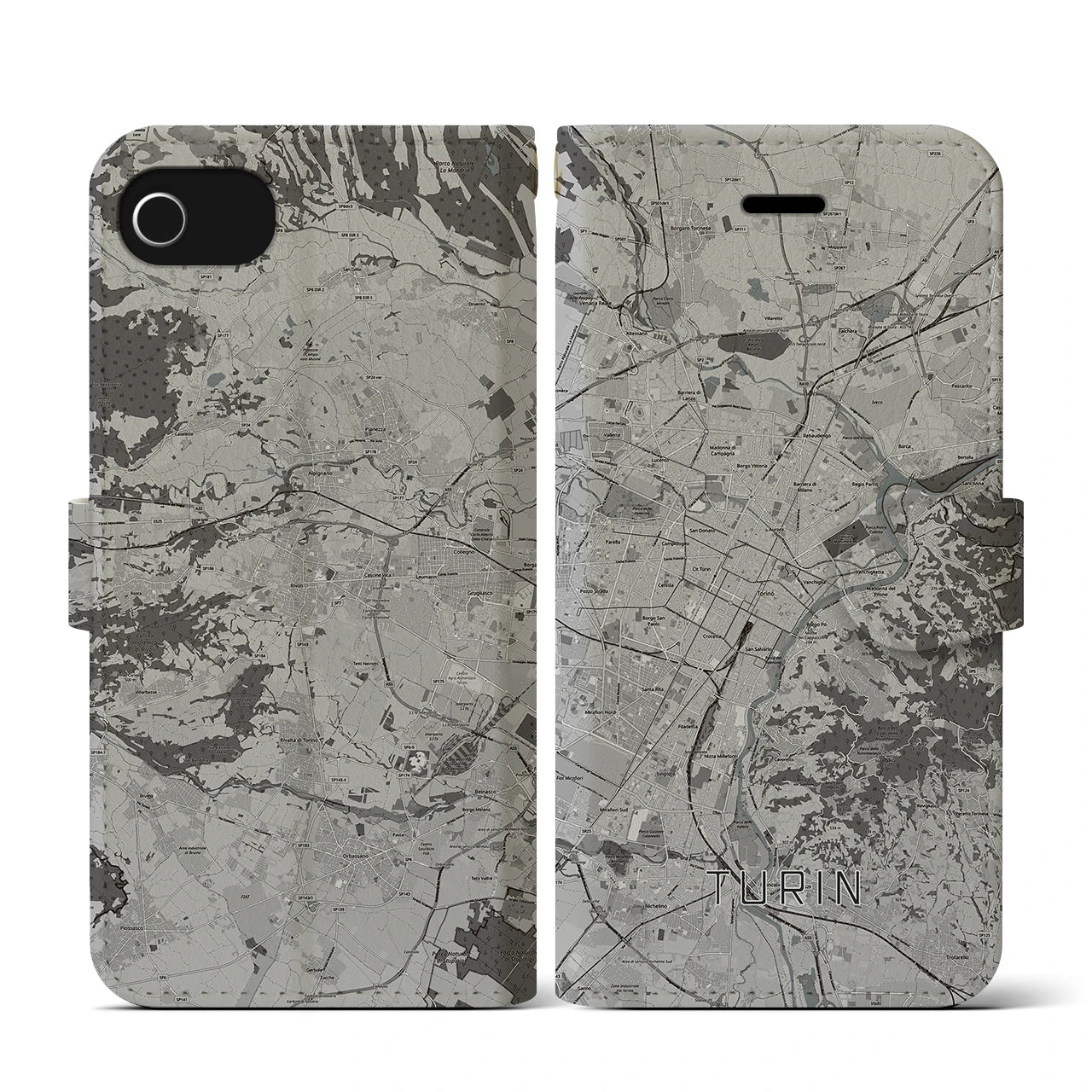 【トリノ(イタリア)】地図柄iPhoneケース(手帳タイプ)モノトーン・iPhone SE(第3 / 第2世代) / 8 / 7 / 6s / 6 用