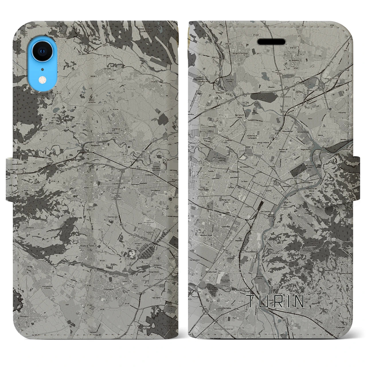 【トリノ(イタリア)】地図柄iPhoneケース(手帳タイプ)モノトーン・iPhone XR 用