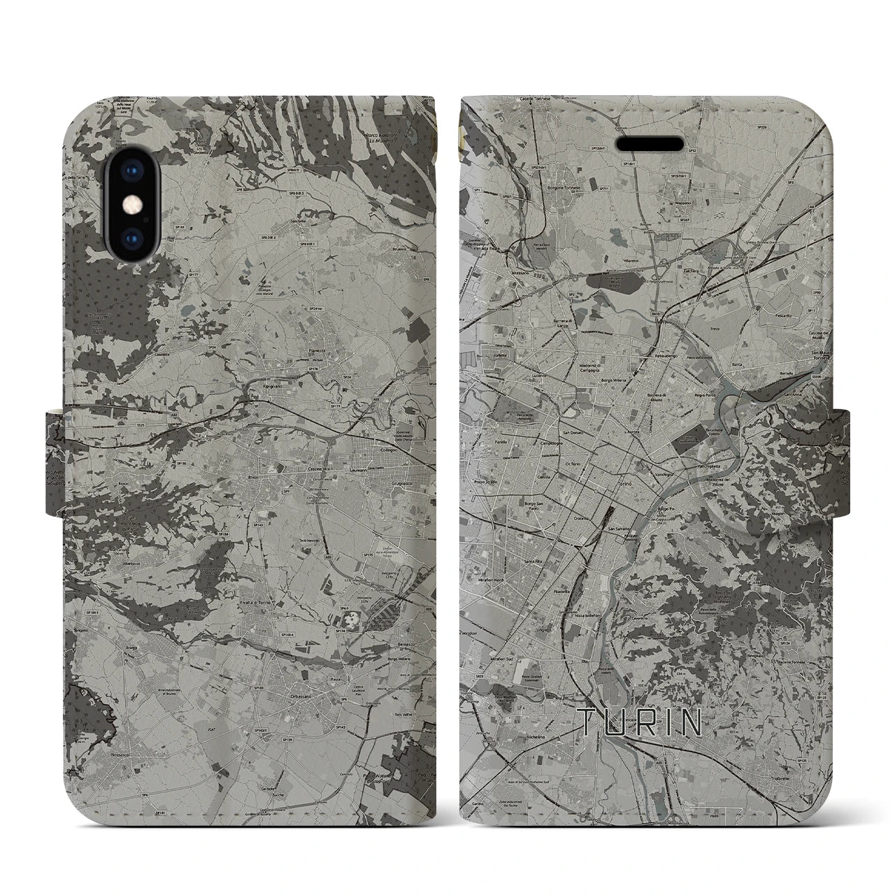 【トリノ(イタリア)】地図柄iPhoneケース(手帳タイプ)モノトーン・iPhone XS / X 用