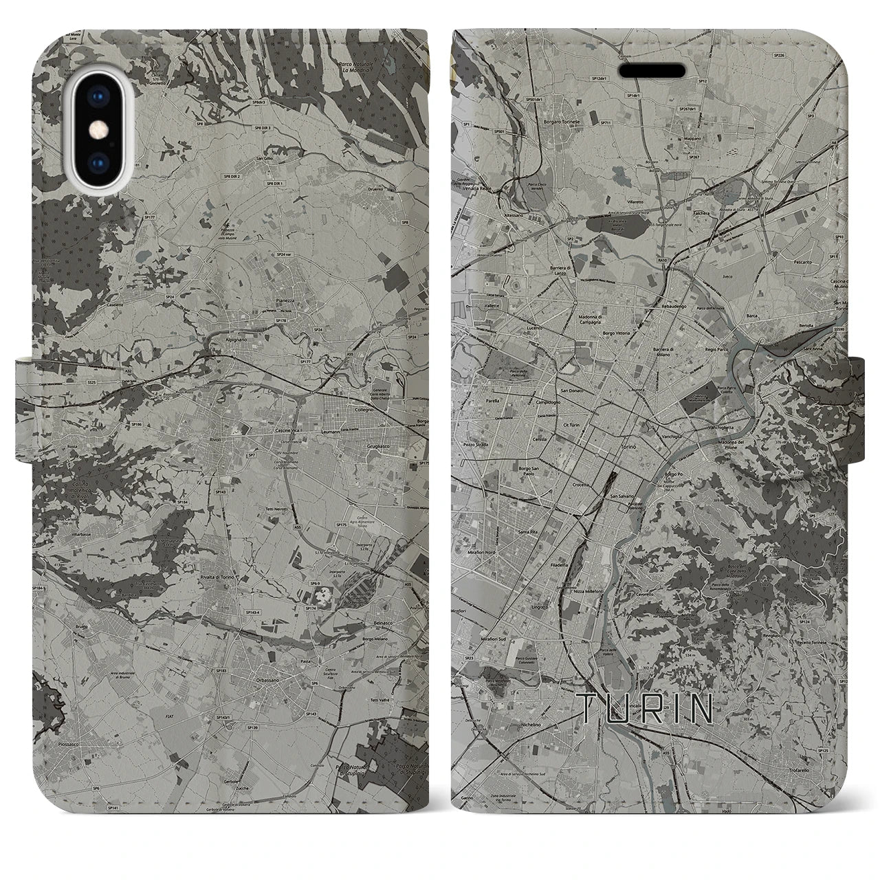 【トリノ(イタリア)】地図柄iPhoneケース(手帳タイプ)モノトーン・iPhone XS Max 用
