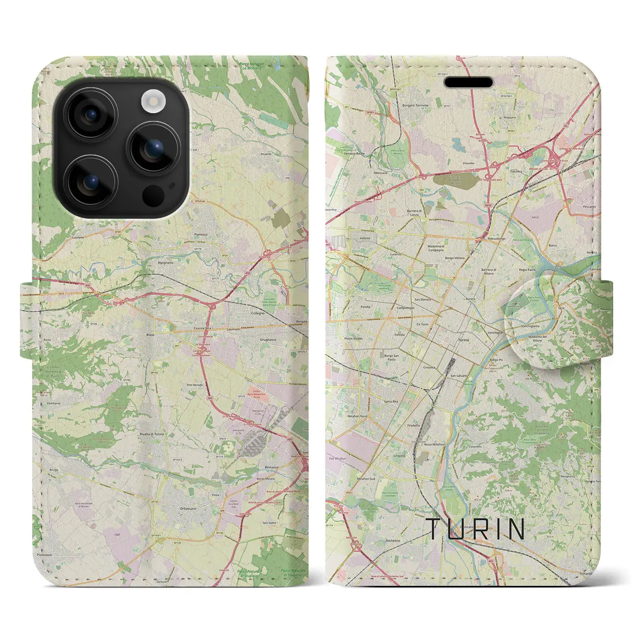 【トリノ(イタリア)】地図柄iPhoneケース(手帳タイプ)ナチュラル・iPhone 16 用