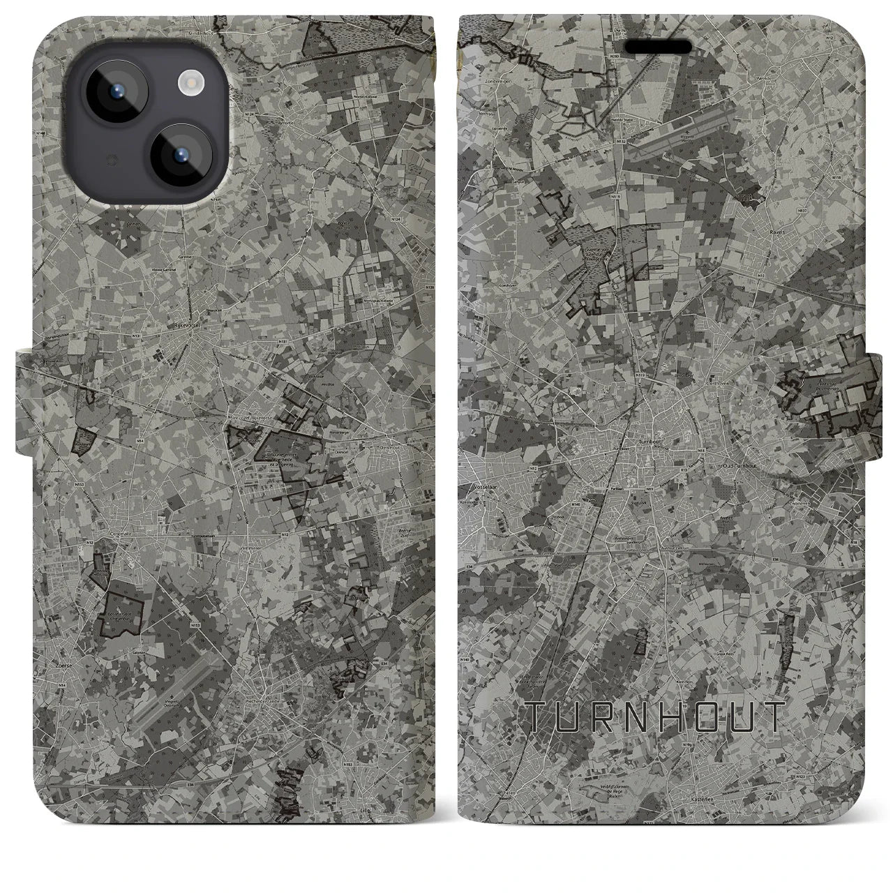 【トゥルンハウト(ベルギー)】地図柄iPhoneケース(手帳タイプ)モノトーン・iPhone 14 Plus 用