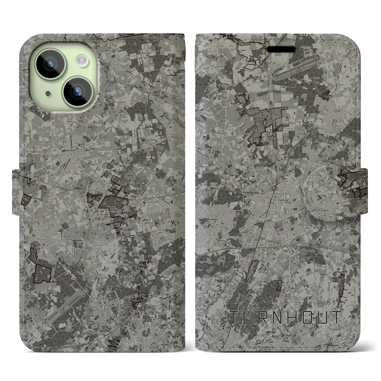 【トゥルンハウト(ベルギー)】地図柄iPhoneケース(手帳タイプ)モノトーン・iPhone 15 用