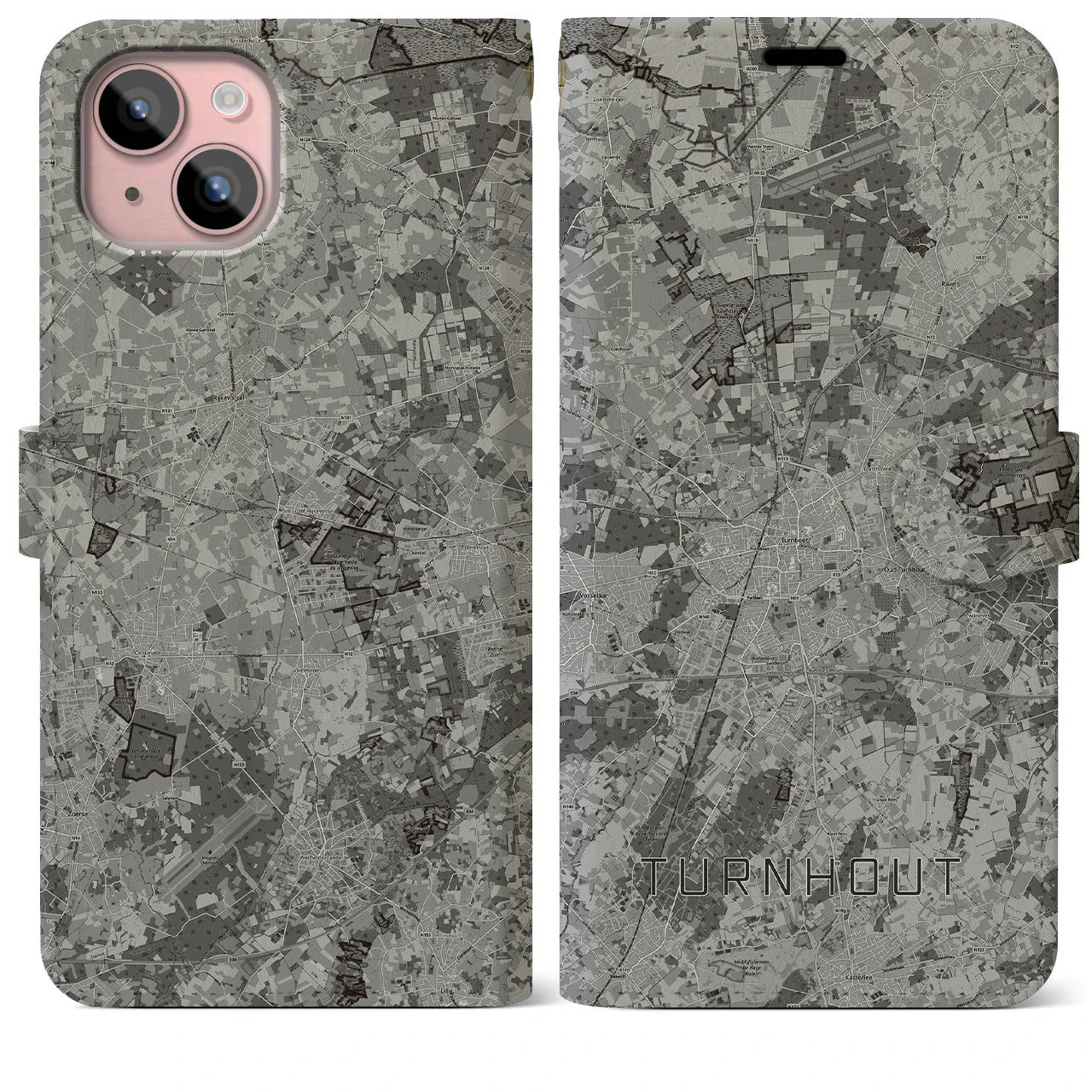 【トゥルンハウト(ベルギー)】地図柄iPhoneケース(手帳タイプ)モノトーン・iPhone 15 Plus 用