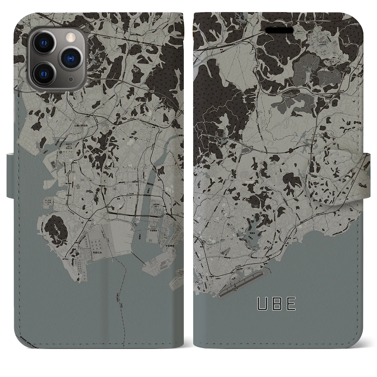 【宇部(山口県)】地図柄iPhoneケース(手帳タイプ)モノトーン・iPhone 11 Pro Max 用