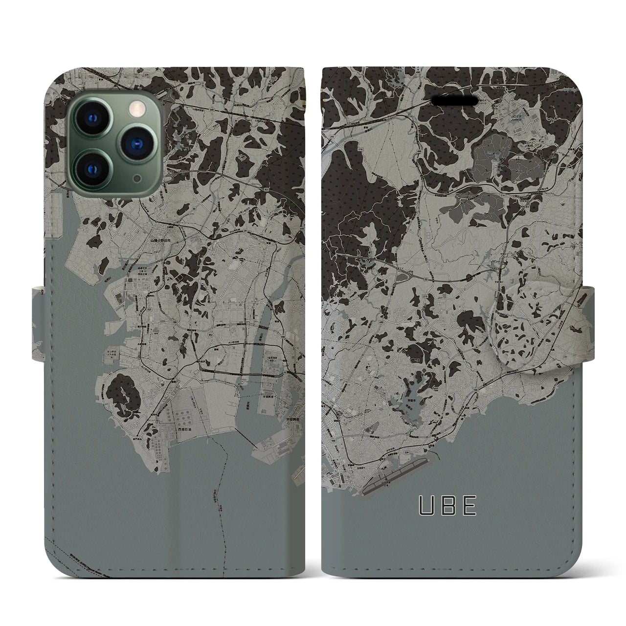 【宇部(山口県)】地図柄iPhoneケース(手帳タイプ)モノトーン・iPhone 11 Pro 用