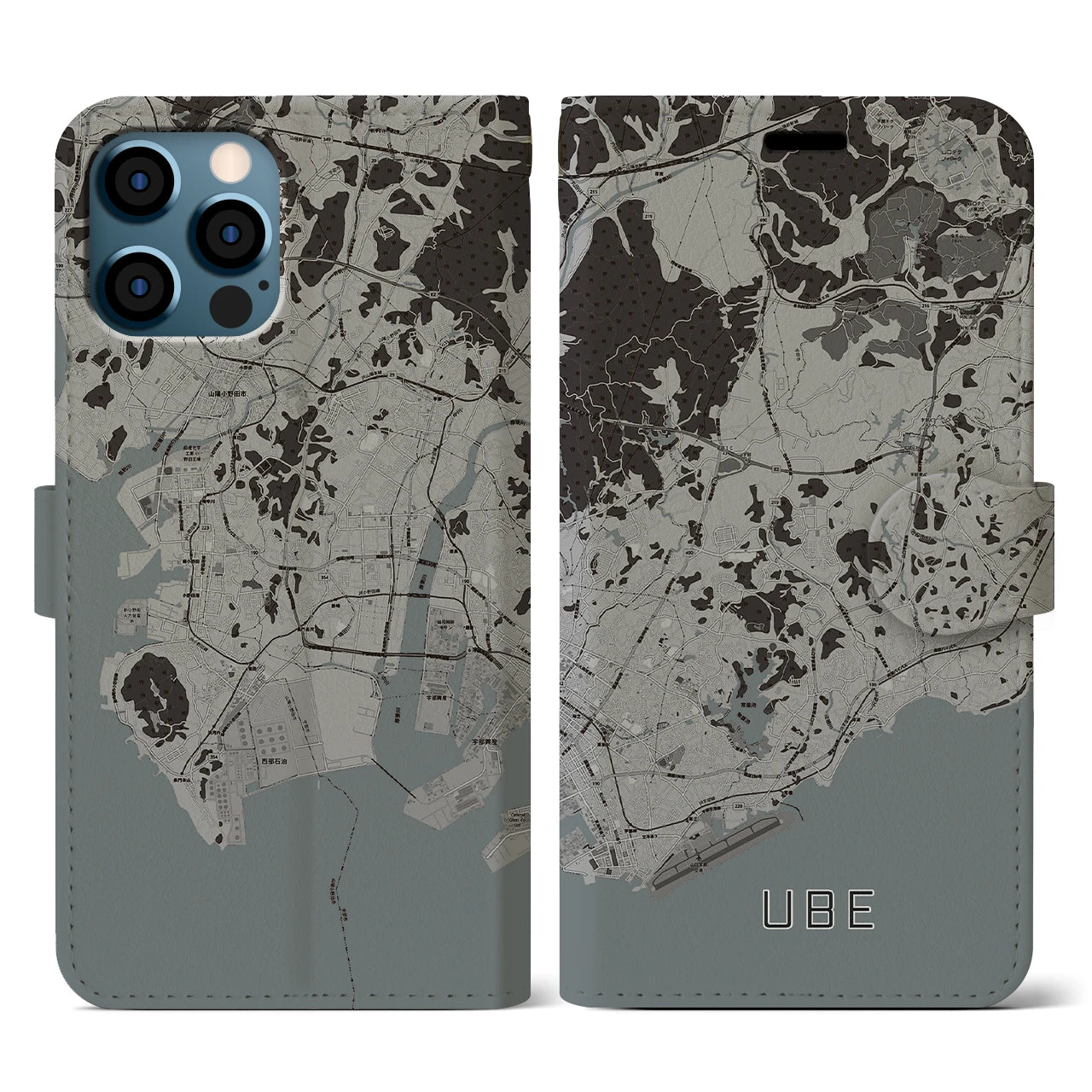 【宇部(山口県)】地図柄iPhoneケース(手帳タイプ)モノトーン・iPhone 12 / 12 Pro 用