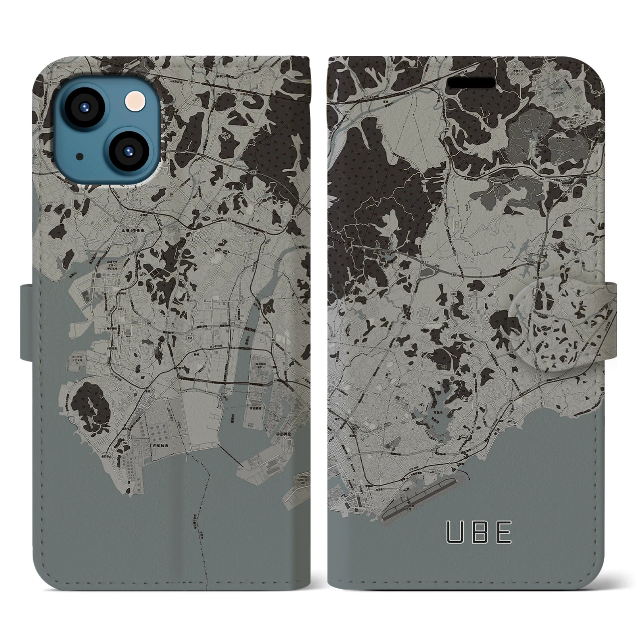 【宇部(山口県)】地図柄iPhoneケース(手帳タイプ)モノトーン・iPhone 13 用