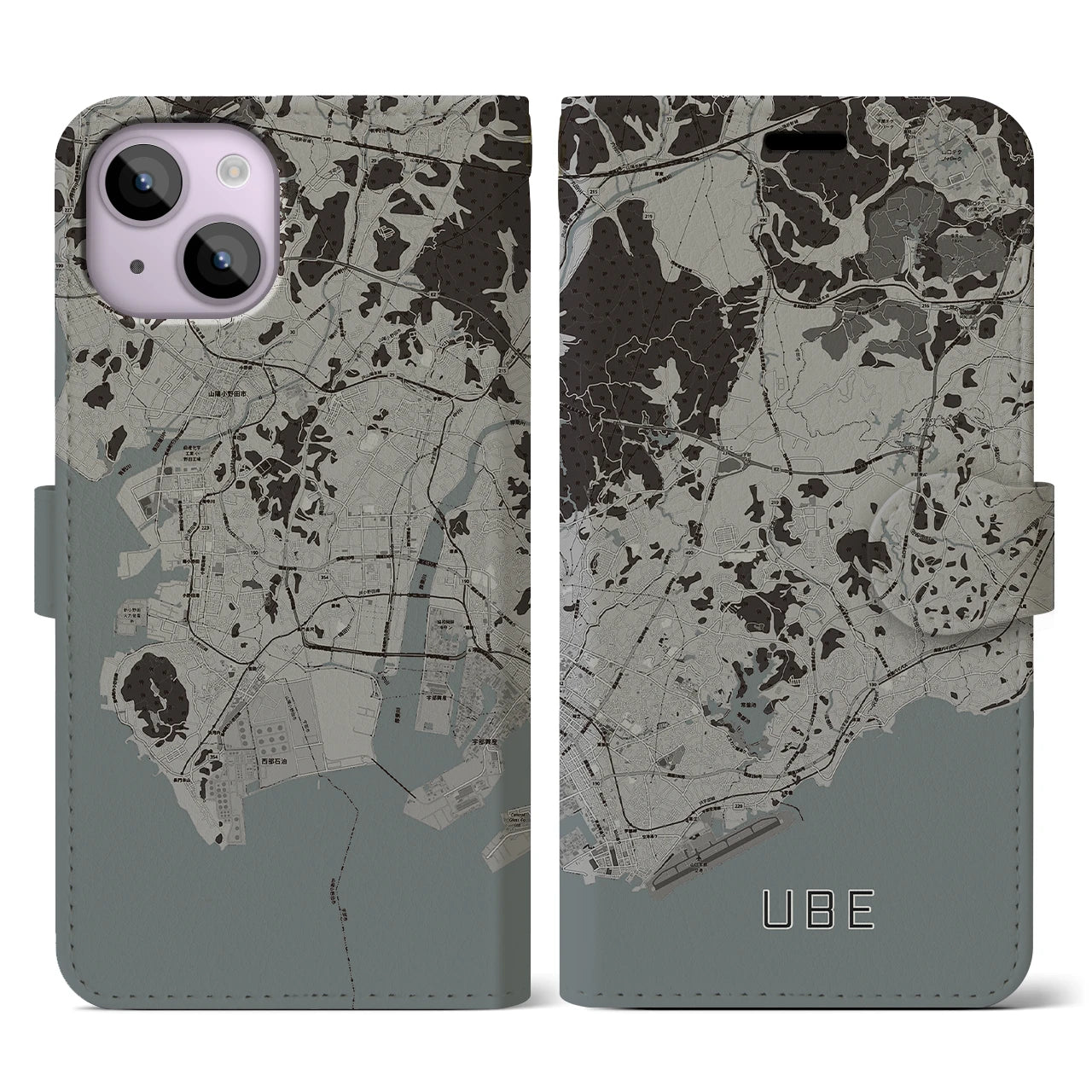 【宇部(山口県)】地図柄iPhoneケース(手帳タイプ)モノトーン・iPhone 14 用