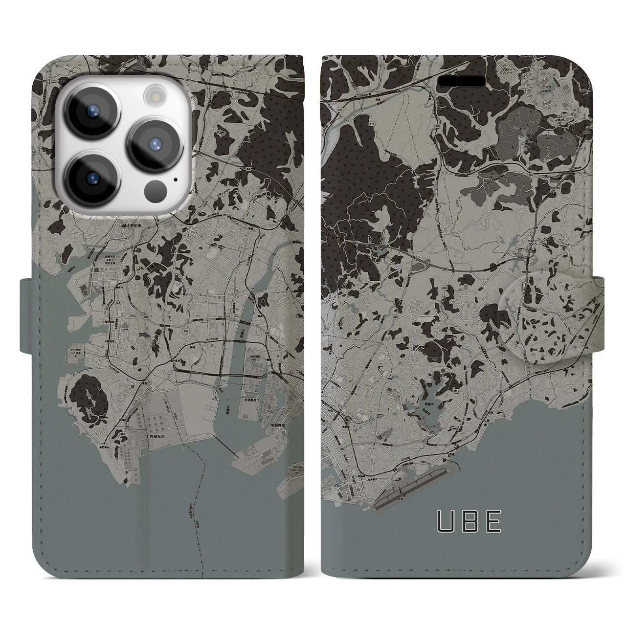 【宇部(山口県)】地図柄iPhoneケース(手帳タイプ)モノトーン・iPhone 14 Pro 用