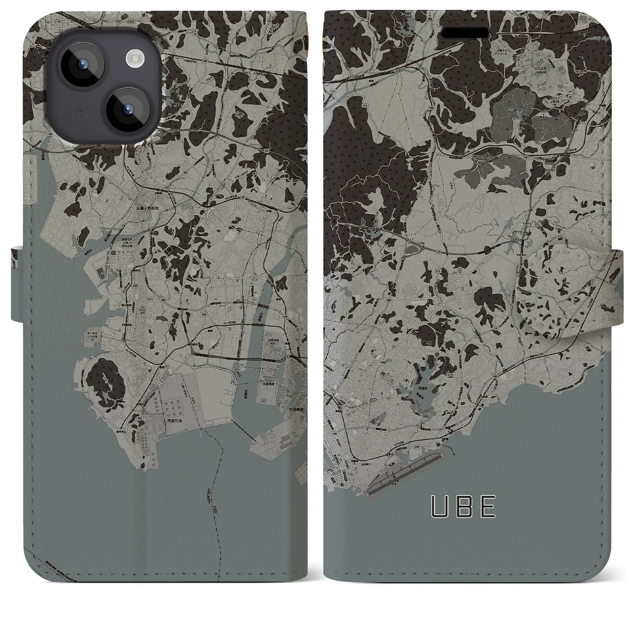 【宇部(山口県)】地図柄iPhoneケース(手帳タイプ)モノトーン・iPhone 14 Plus 用