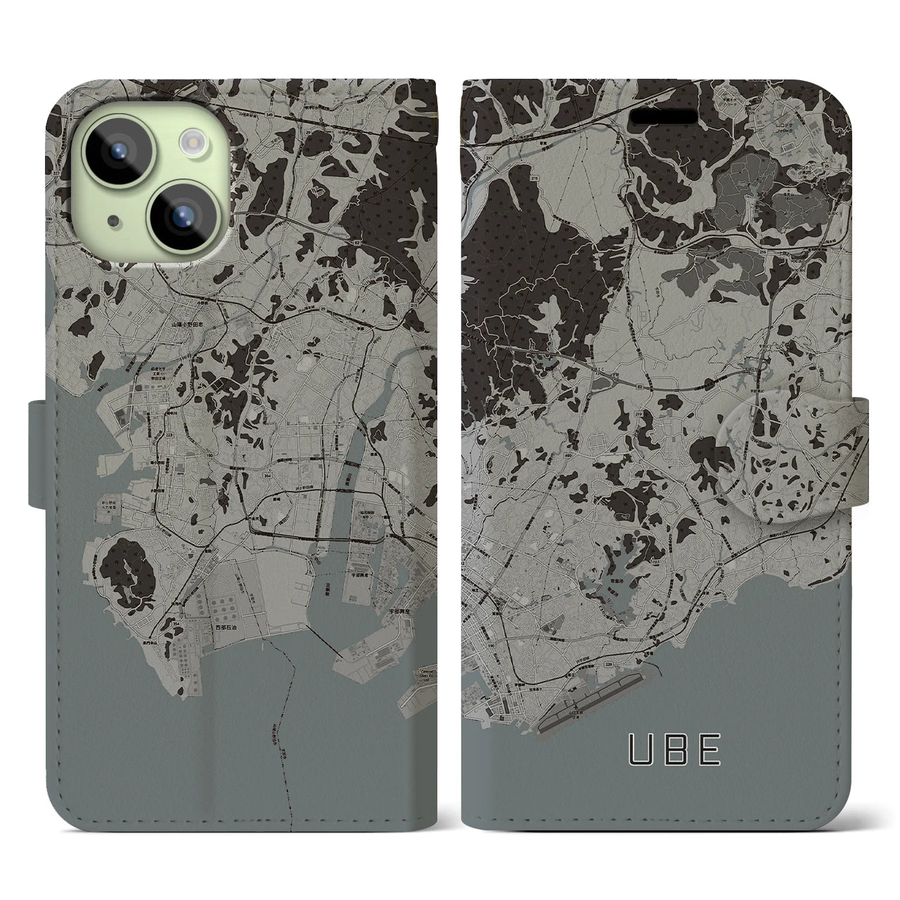 【宇部(山口県)】地図柄iPhoneケース(手帳タイプ)モノトーン・iPhone 15 用