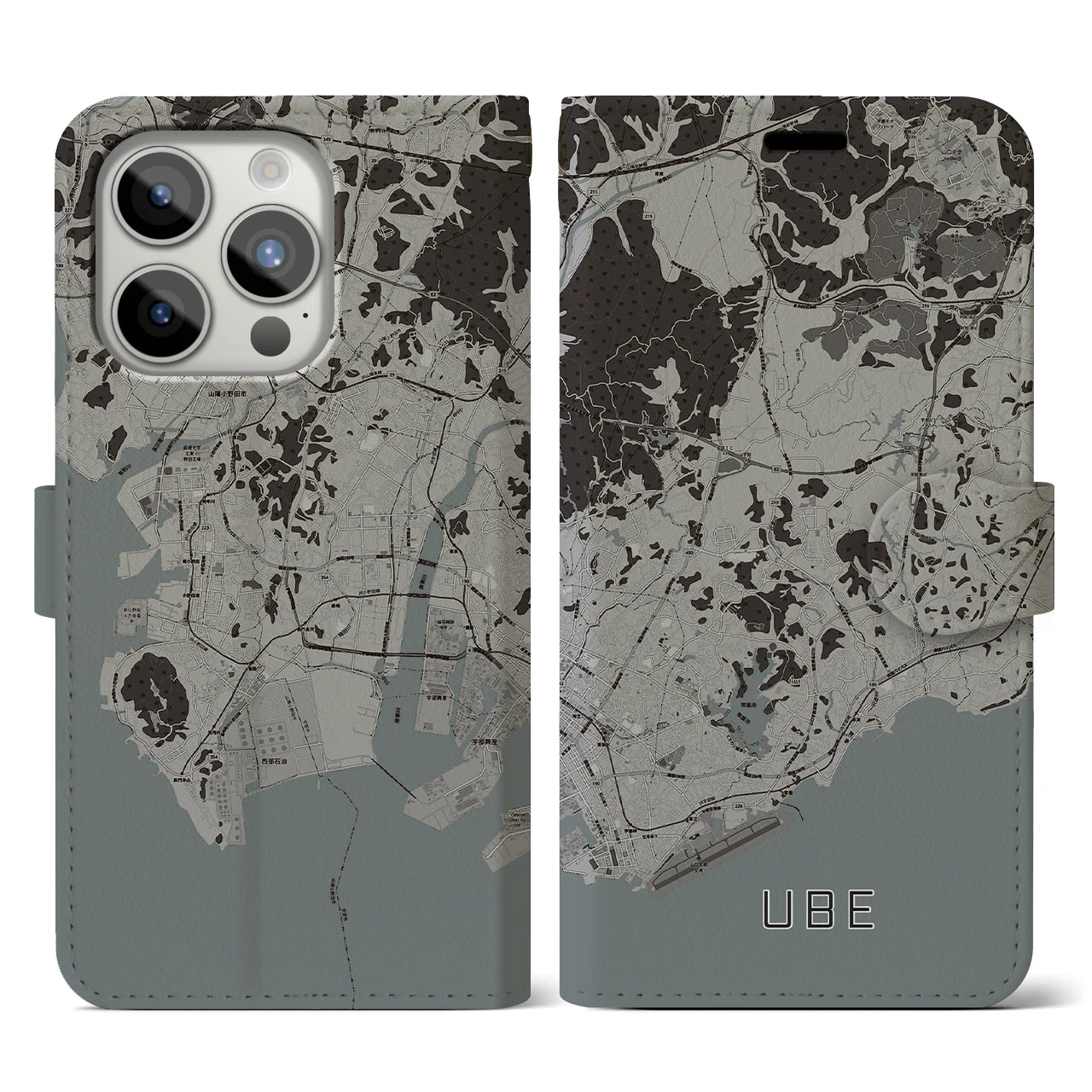 【宇部(山口県)】地図柄iPhoneケース(手帳タイプ)モノトーン・iPhone 15 Pro 用