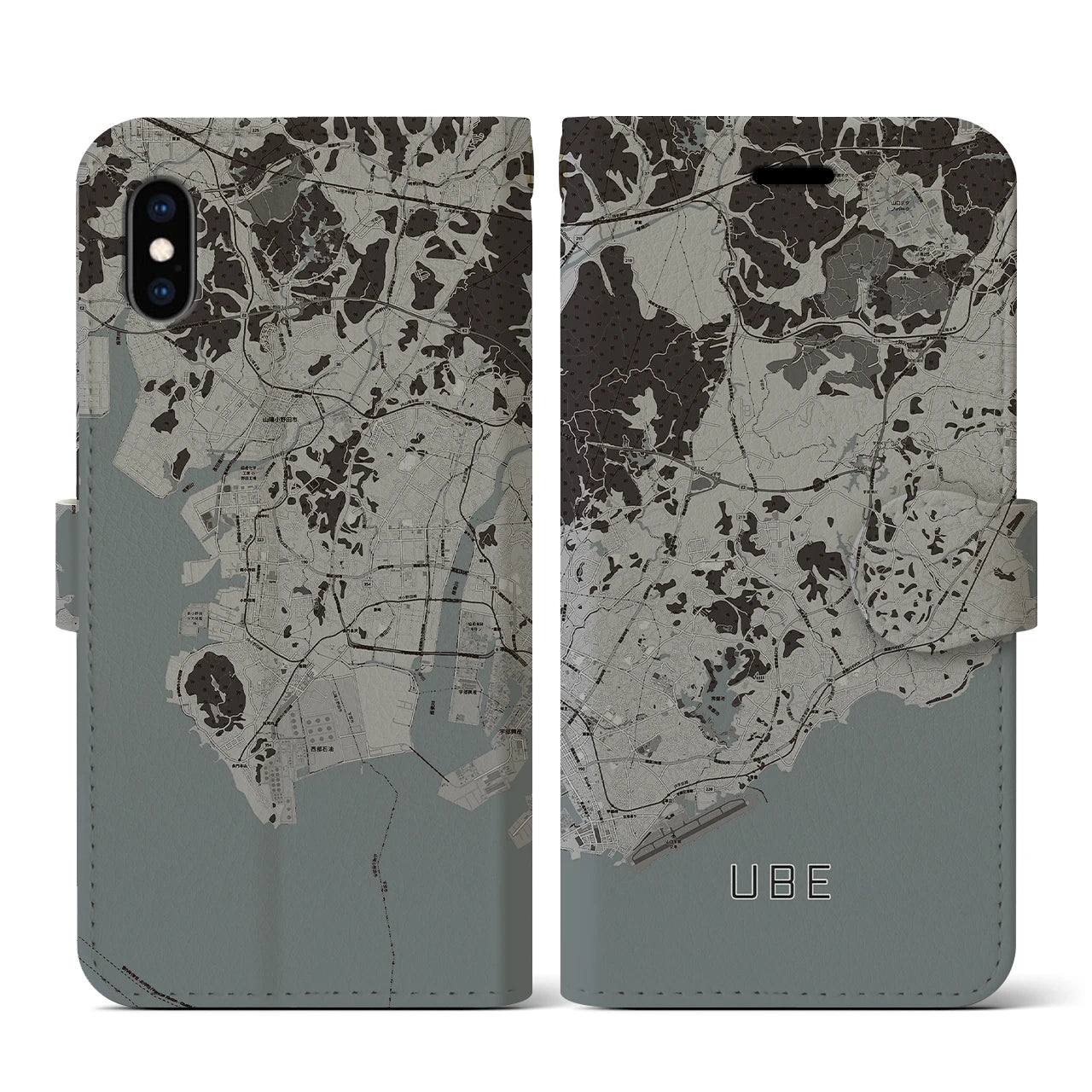 【宇部(山口県)】地図柄iPhoneケース(手帳タイプ)モノトーン・iPhone XS / X 用